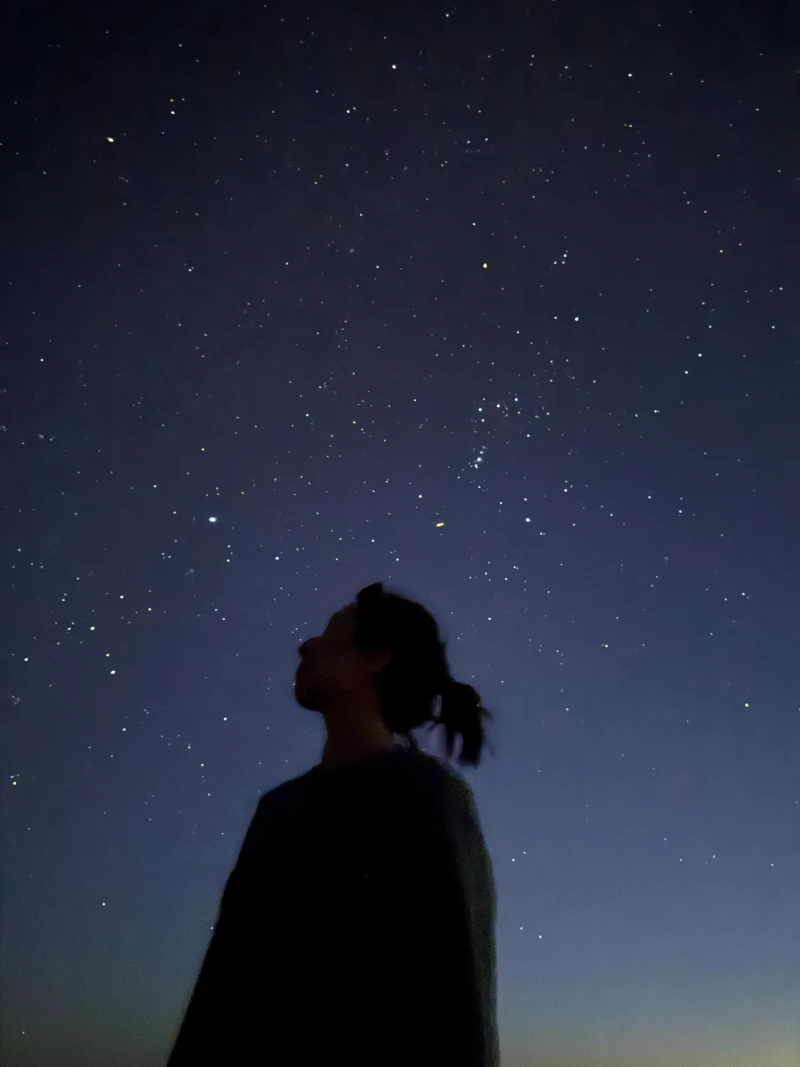 The girl is looking at the stars in the night sky