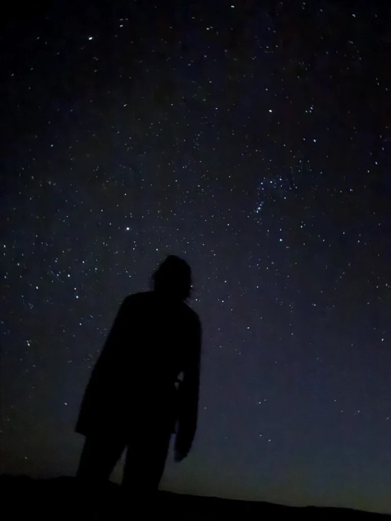 A girl watches the stars in the night sky
